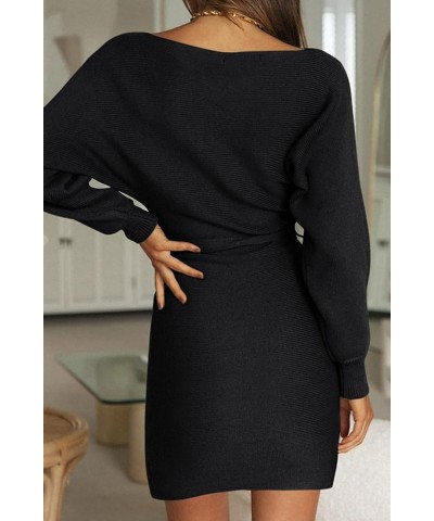 Women's Off Shoulder Batwing Sleeve Sweater Dress Ribbed Knit Bodycon Mini Dresses with Belt Black $31.26 Sweaters