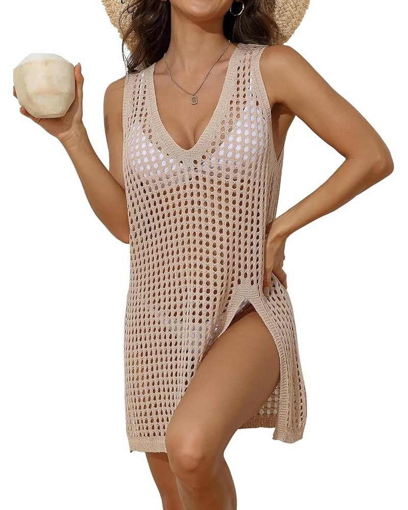 Women's Short Sleeve Crochet Top Side Split Hollow Out Mesh Bathing Suit Cover Ups Dress Swimwear S-XL 2 Beige $15.89 Swimsuits