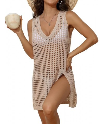 Women's Short Sleeve Crochet Top Side Split Hollow Out Mesh Bathing Suit Cover Ups Dress Swimwear S-XL 2 Beige $15.89 Swimsuits