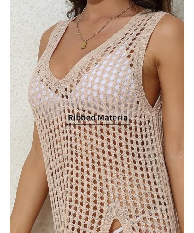 Women's Short Sleeve Crochet Top Side Split Hollow Out Mesh Bathing Suit Cover Ups Dress Swimwear S-XL 2 Beige $15.89 Swimsuits