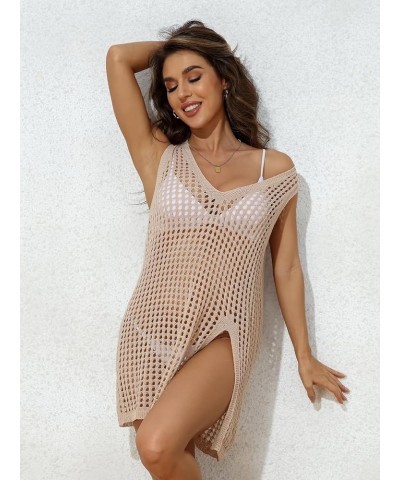 Women's Short Sleeve Crochet Top Side Split Hollow Out Mesh Bathing Suit Cover Ups Dress Swimwear S-XL 2 Beige $15.89 Swimsuits