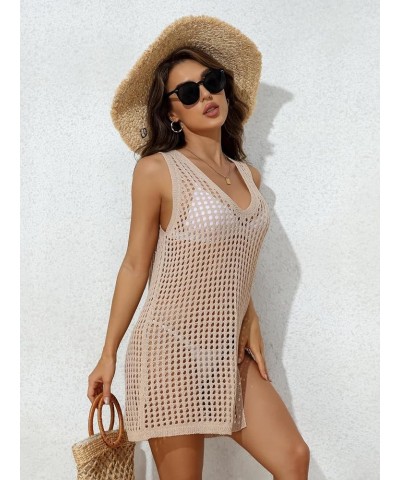 Women's Short Sleeve Crochet Top Side Split Hollow Out Mesh Bathing Suit Cover Ups Dress Swimwear S-XL 2 Beige $15.89 Swimsuits