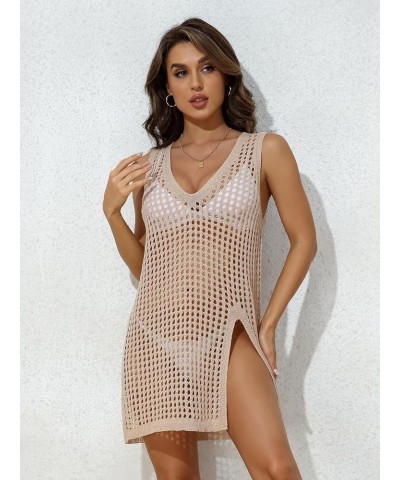 Women's Short Sleeve Crochet Top Side Split Hollow Out Mesh Bathing Suit Cover Ups Dress Swimwear S-XL 2 Beige $15.89 Swimsuits