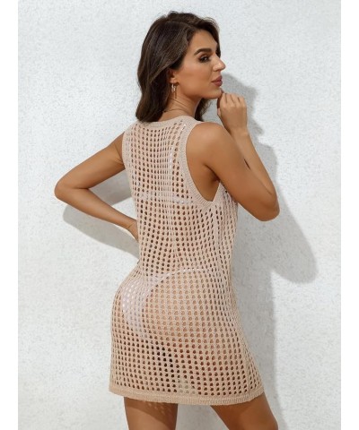 Women's Short Sleeve Crochet Top Side Split Hollow Out Mesh Bathing Suit Cover Ups Dress Swimwear S-XL 2 Beige $15.89 Swimsuits