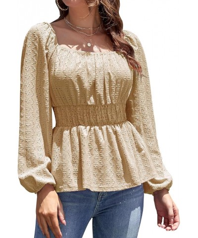 Women's Eyelet Lace Blouse Top Notch V Neck Long Sleeve Blouse Shirt Casual Derssy Coffee Square Neck $8.99 Blouses