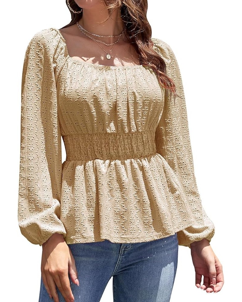 Women's Eyelet Lace Blouse Top Notch V Neck Long Sleeve Blouse Shirt Casual Derssy Coffee Square Neck $8.99 Blouses