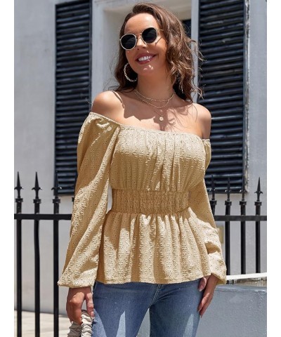 Women's Eyelet Lace Blouse Top Notch V Neck Long Sleeve Blouse Shirt Casual Derssy Coffee Square Neck $8.99 Blouses