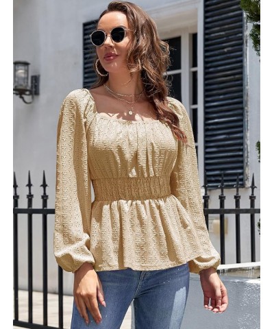 Women's Eyelet Lace Blouse Top Notch V Neck Long Sleeve Blouse Shirt Casual Derssy Coffee Square Neck $8.99 Blouses