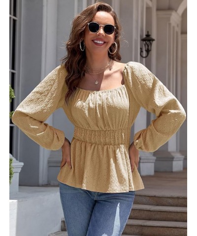 Women's Eyelet Lace Blouse Top Notch V Neck Long Sleeve Blouse Shirt Casual Derssy Coffee Square Neck $8.99 Blouses