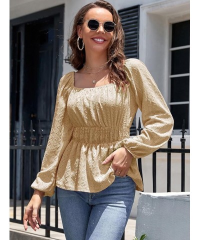 Women's Eyelet Lace Blouse Top Notch V Neck Long Sleeve Blouse Shirt Casual Derssy Coffee Square Neck $8.99 Blouses