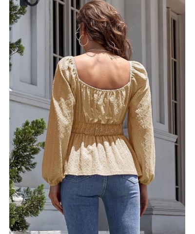 Women's Eyelet Lace Blouse Top Notch V Neck Long Sleeve Blouse Shirt Casual Derssy Coffee Square Neck $8.99 Blouses