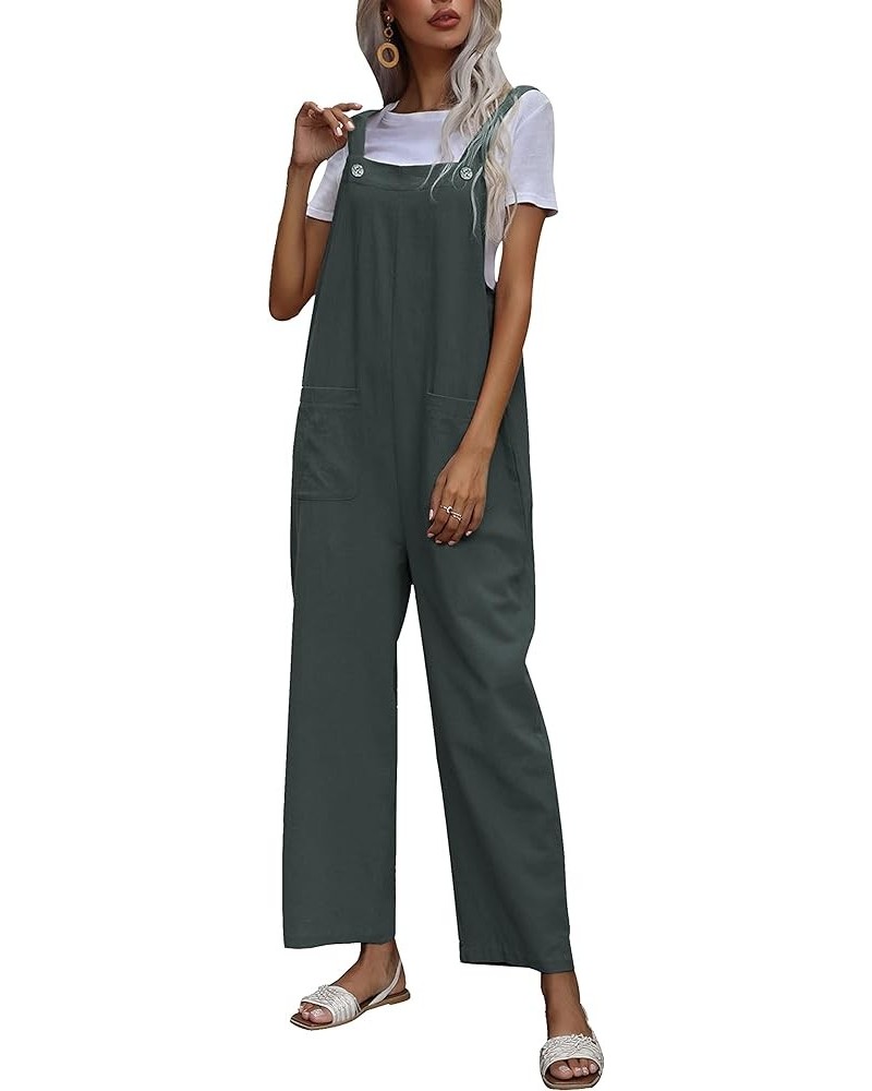 Women's Fashion Cotton Linen Green Bib Overalls Loose Fit Dual Pocket Jumpsuit Romper Greygreen $13.92 Overalls