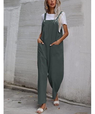 Women's Fashion Cotton Linen Green Bib Overalls Loose Fit Dual Pocket Jumpsuit Romper Greygreen $13.92 Overalls