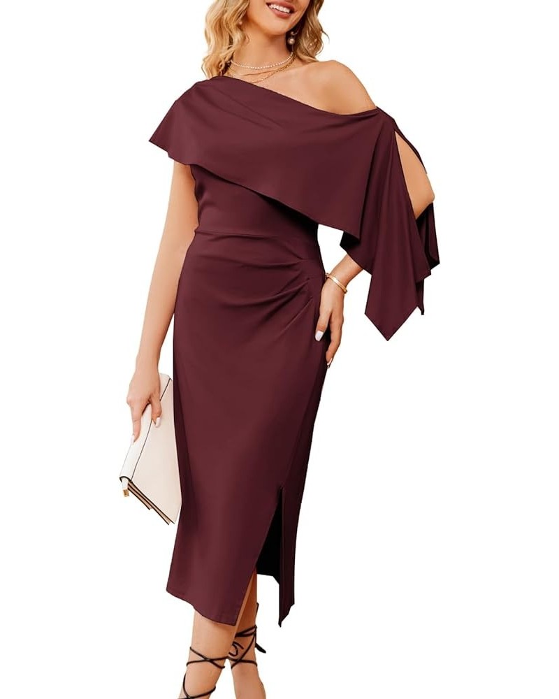 2023 One Shoulder Split Formal Dress for Women Ruffled Sleeve Midi Dress Wine Red $24.47 Dresses