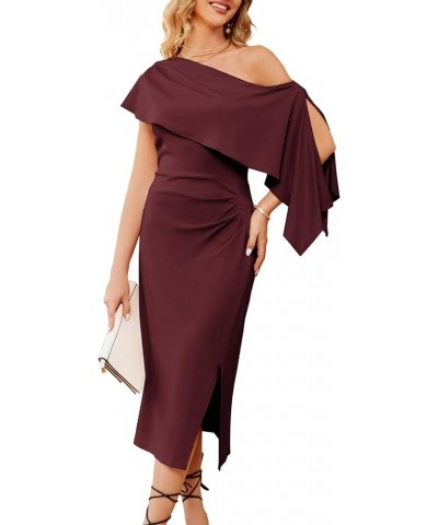 2023 One Shoulder Split Formal Dress for Women Ruffled Sleeve Midi Dress Wine Red $24.47 Dresses