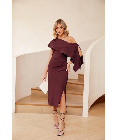 2023 One Shoulder Split Formal Dress for Women Ruffled Sleeve Midi Dress Wine Red $24.47 Dresses