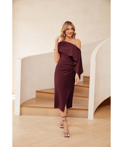 2023 One Shoulder Split Formal Dress for Women Ruffled Sleeve Midi Dress Wine Red $24.47 Dresses