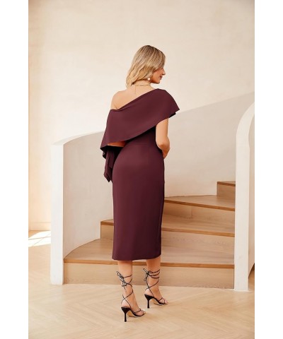 2023 One Shoulder Split Formal Dress for Women Ruffled Sleeve Midi Dress Wine Red $24.47 Dresses