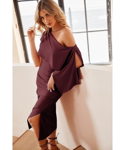 2023 One Shoulder Split Formal Dress for Women Ruffled Sleeve Midi Dress Wine Red $24.47 Dresses