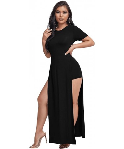 Women's Split Thigh Short Sleeve Round Neck Maxi Dress with Short Black $14.26 Dresses