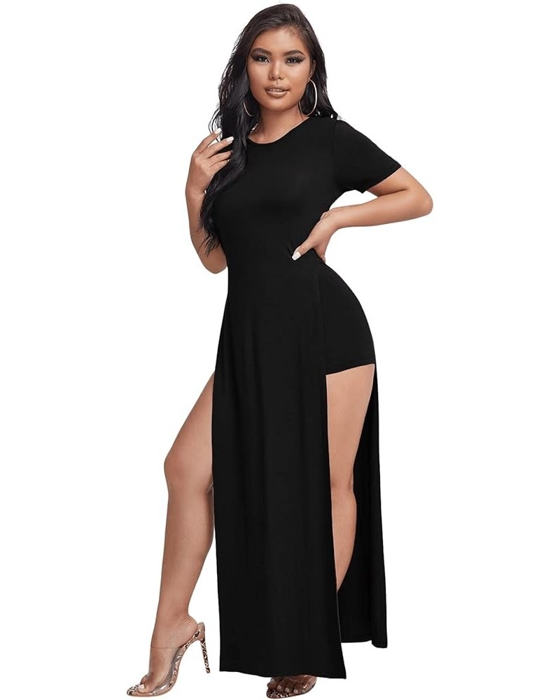 Women's Split Thigh Short Sleeve Round Neck Maxi Dress with Short Black $14.26 Dresses