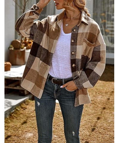 Plaid Shacket Jacket Womens Fall Fashion Button Down Flannel Jacket Shirt Khaki $17.14 Shirts