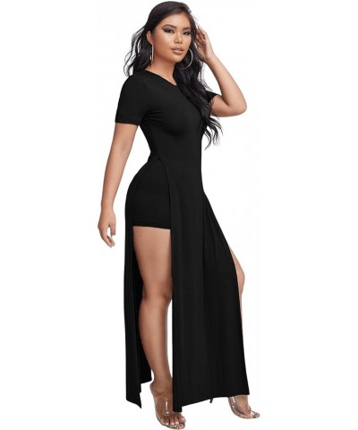 Women's Split Thigh Short Sleeve Round Neck Maxi Dress with Short Black $14.26 Dresses