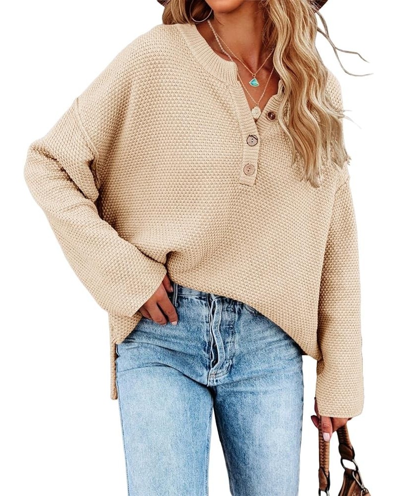 Women's Oversized Sweaters Batwing Long Sleeve Loose V Neck Button Henley Tops Pullover Knit Jumper Apricot $18.04 Sweaters