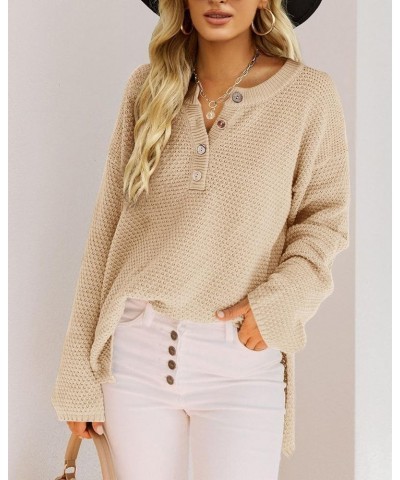 Women's Oversized Sweaters Batwing Long Sleeve Loose V Neck Button Henley Tops Pullover Knit Jumper Apricot $18.04 Sweaters