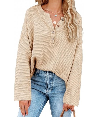 Women's Oversized Sweaters Batwing Long Sleeve Loose V Neck Button Henley Tops Pullover Knit Jumper Apricot $18.04 Sweaters