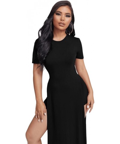 Women's Split Thigh Short Sleeve Round Neck Maxi Dress with Short Black $14.26 Dresses