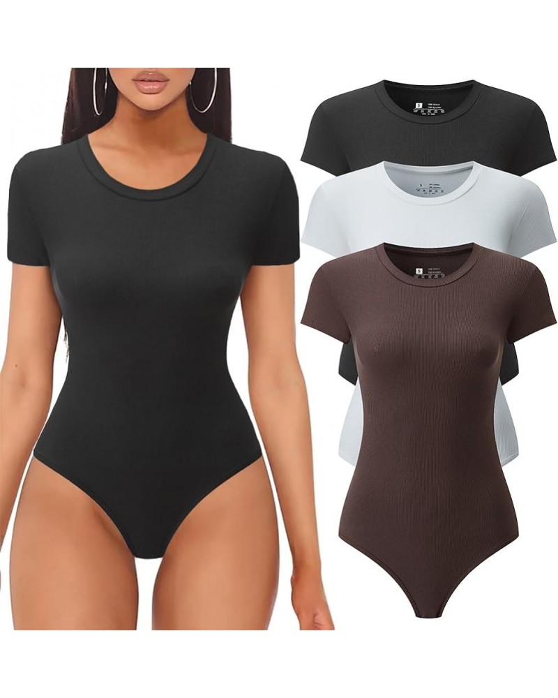 3 Pack Women's Round Neck Short Sleeve T Shirts Basic RibKnit Bodysuits Black/White/Coffee $15.89 Bodysuits