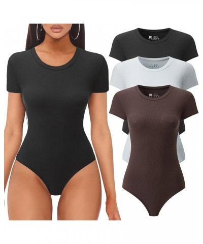 3 Pack Women's Round Neck Short Sleeve T Shirts Basic RibKnit Bodysuits Black/White/Coffee $15.89 Bodysuits