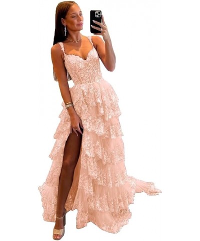 Spaghetti Straps Lace Prom Dresses with Slit Tiered Tulle Corset Long Formal Evening Party Gowns Blush Pink $44.81 Dresses