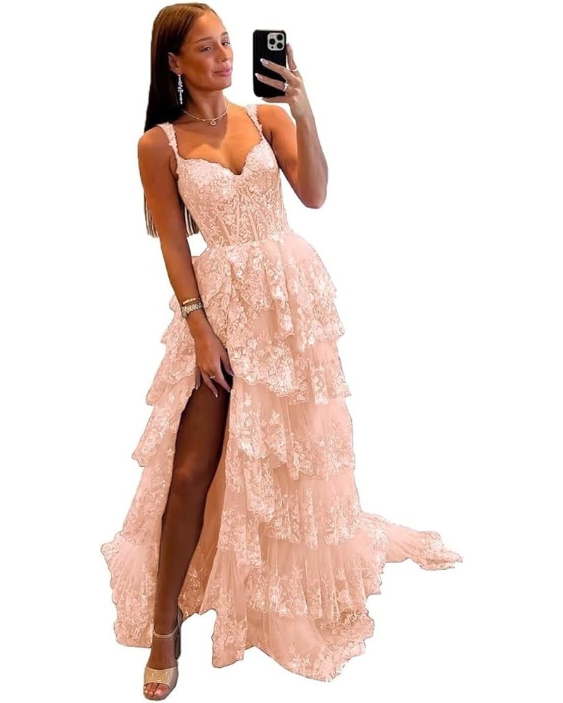 Spaghetti Straps Lace Prom Dresses with Slit Tiered Tulle Corset Long Formal Evening Party Gowns Blush Pink $44.81 Dresses