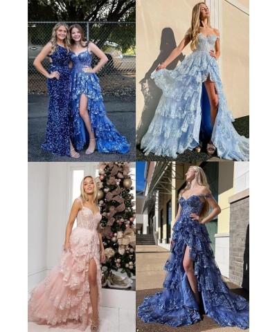 Spaghetti Straps Lace Prom Dresses with Slit Tiered Tulle Corset Long Formal Evening Party Gowns Blush Pink $44.81 Dresses