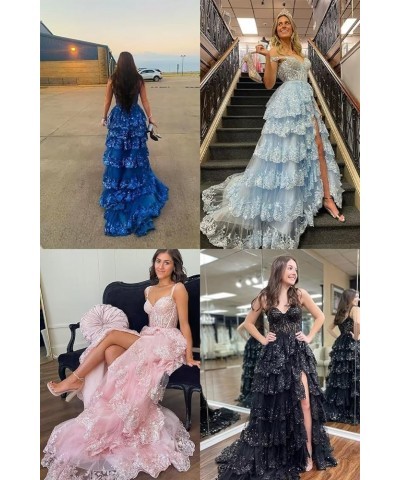 Spaghetti Straps Lace Prom Dresses with Slit Tiered Tulle Corset Long Formal Evening Party Gowns Blush Pink $44.81 Dresses