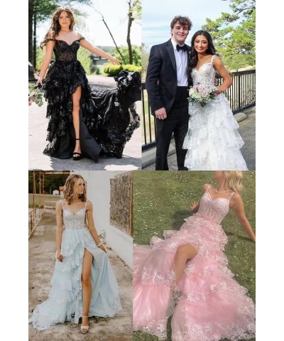 Spaghetti Straps Lace Prom Dresses with Slit Tiered Tulle Corset Long Formal Evening Party Gowns Blush Pink $44.81 Dresses