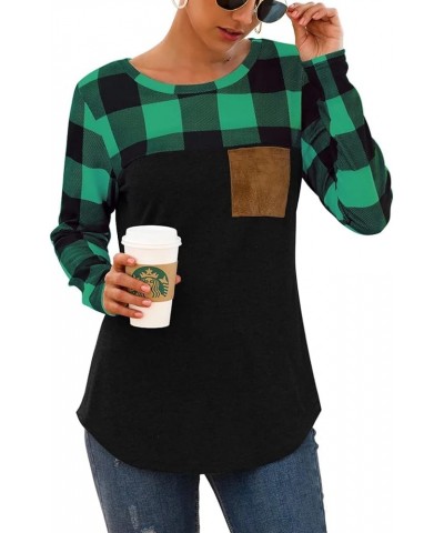 Womens Buffalo Plaid Neck Long Sleeve Patchwork Blouse Top Curve Hem Tunic Green Plaid With Black Hem $13.49 Tops