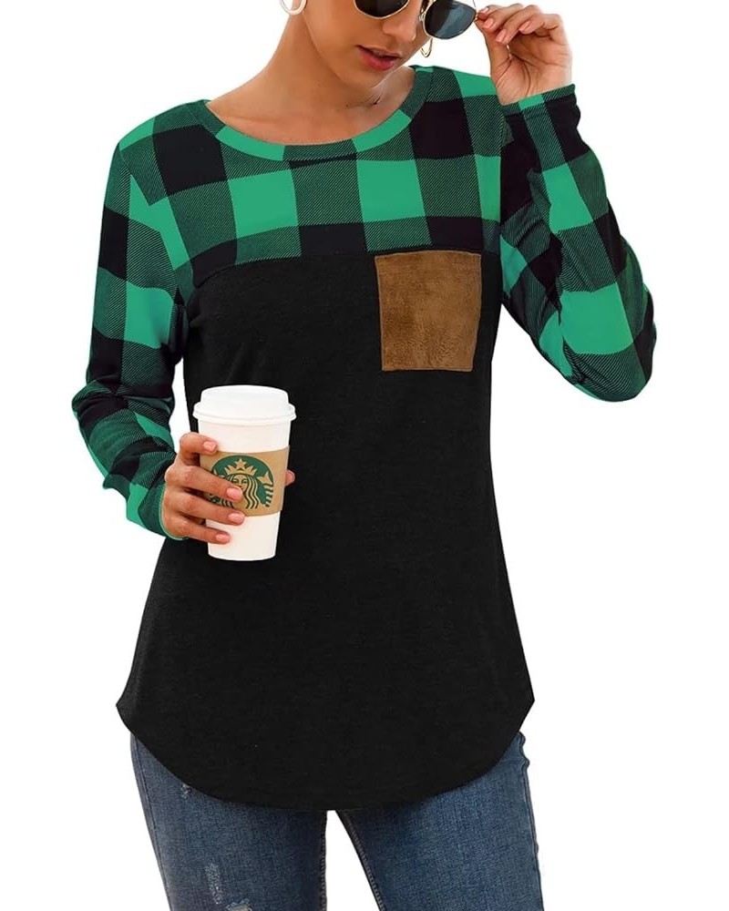 Womens Buffalo Plaid Neck Long Sleeve Patchwork Blouse Top Curve Hem Tunic Green Plaid With Black Hem $13.49 Tops