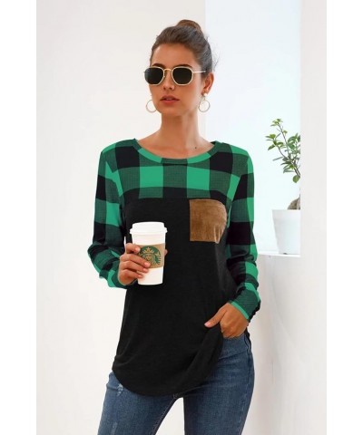 Womens Buffalo Plaid Neck Long Sleeve Patchwork Blouse Top Curve Hem Tunic Green Plaid With Black Hem $13.49 Tops