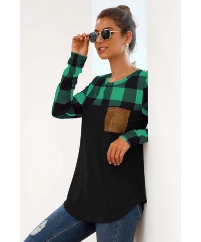 Womens Buffalo Plaid Neck Long Sleeve Patchwork Blouse Top Curve Hem Tunic Green Plaid With Black Hem $13.49 Tops