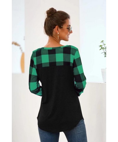 Womens Buffalo Plaid Neck Long Sleeve Patchwork Blouse Top Curve Hem Tunic Green Plaid With Black Hem $13.49 Tops