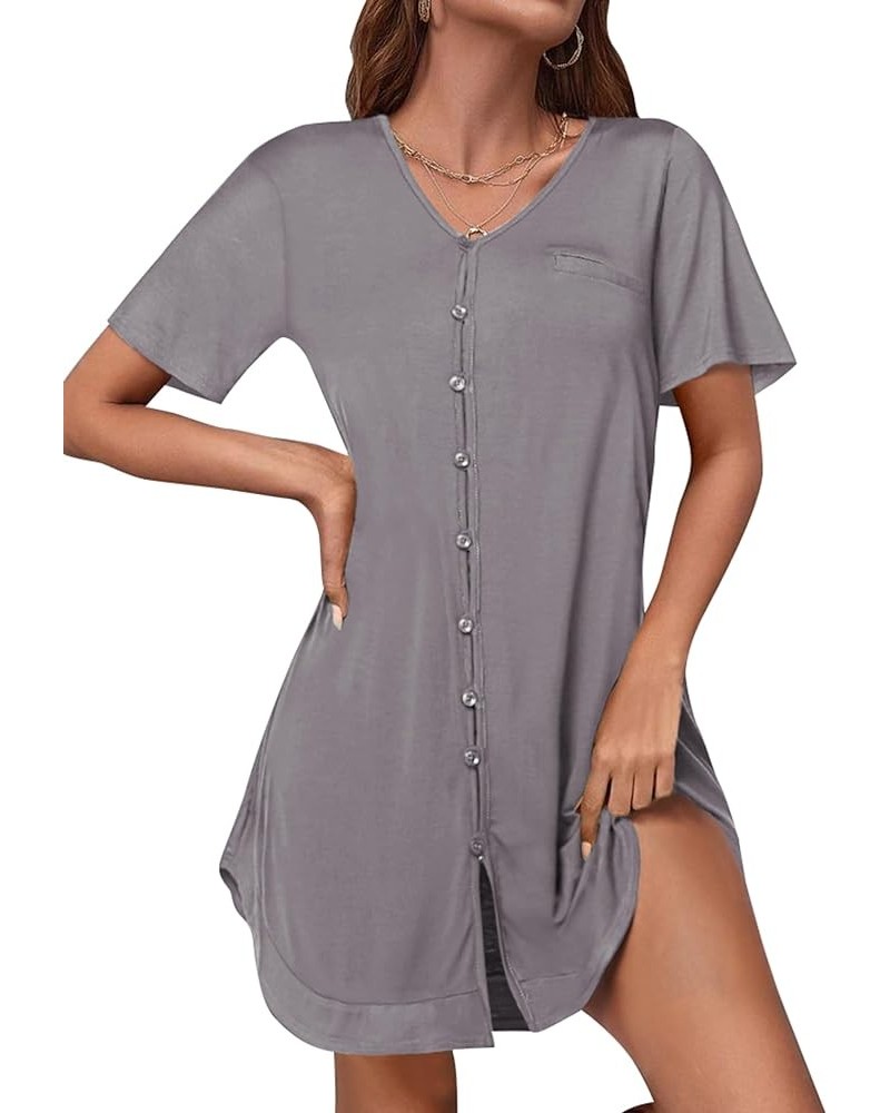 Womens Nightgown Button Down Sleep Shirts Short Sleeve V Neck Boyfriend Night Shirt Comfy Sleepwear Dark Gray $13.99 Sleep & ...