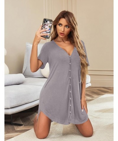 Womens Nightgown Button Down Sleep Shirts Short Sleeve V Neck Boyfriend Night Shirt Comfy Sleepwear Dark Gray $13.99 Sleep & ...