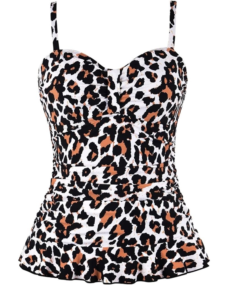 Women's Swim Top Padded Ruffle Hem Shirred Swimwear Tankini Swimsuit Top A-leopard Black/2 $14.40 Swimsuits