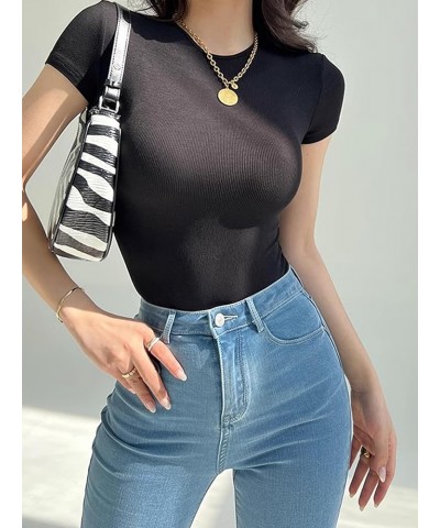 3 Pack Women's Round Neck Short Sleeve T Shirts Basic RibKnit Bodysuits Black/White/Coffee $15.89 Bodysuits