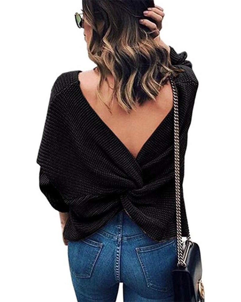 Women's Sexy V Neck Criss Cross Sweater for Fall Backless Long Batwing Sleeve Casual Knitted Pullovers for Leggings Black $15...