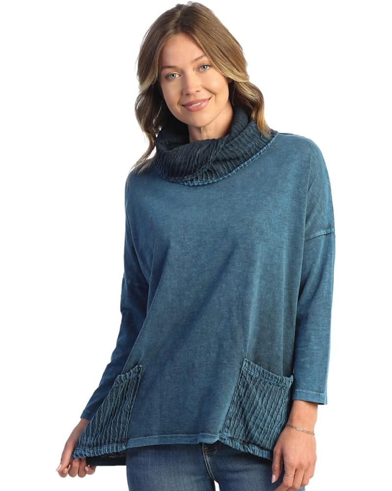 Mineral Washed Cowl Neck Tunic - M99 Sapphire Blue $38.25 Tops