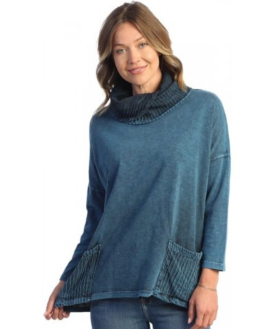 Mineral Washed Cowl Neck Tunic - M99 Sapphire Blue $38.25 Tops